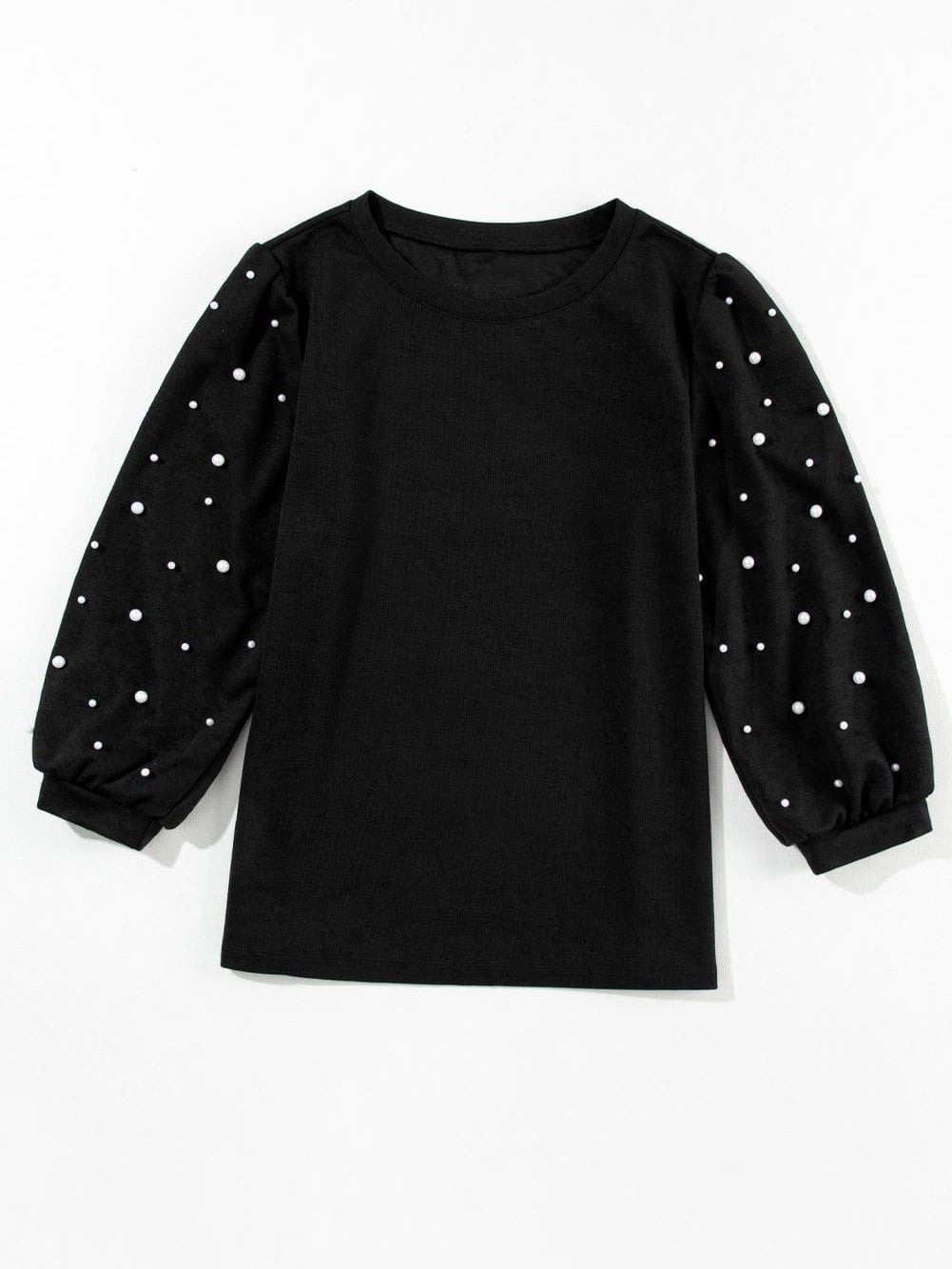 Elegant Black Pearl Embellished Crew Neck Tee