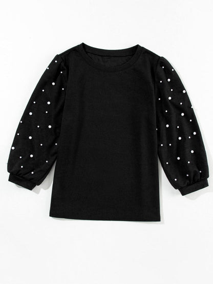 Elegant Black Pearl Embellished Crew Neck Tee