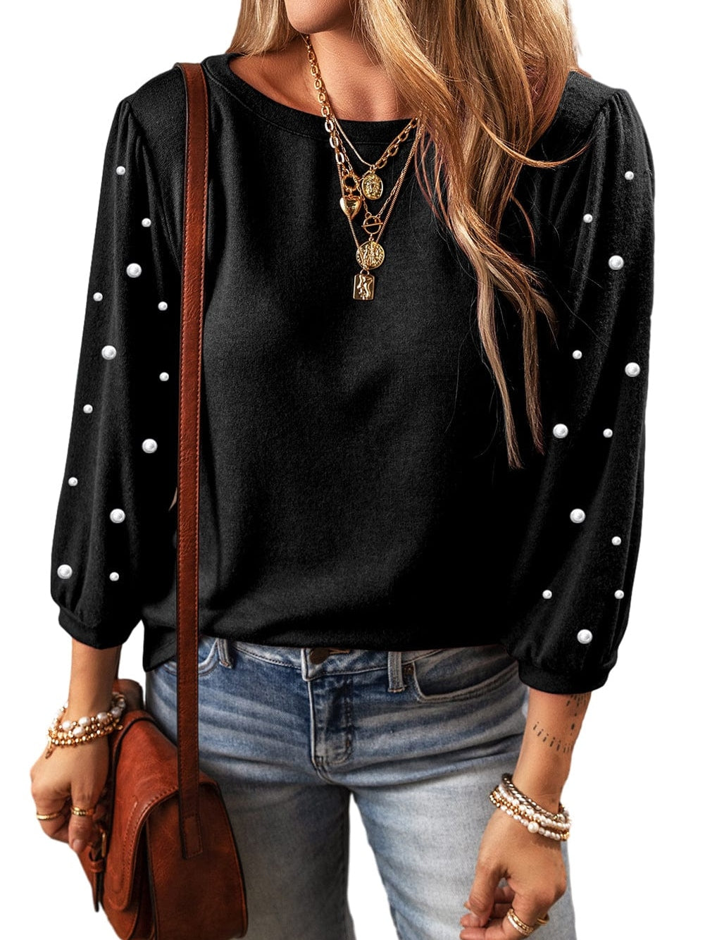 Elegant Black Pearl Embellished Crew Neck Tee