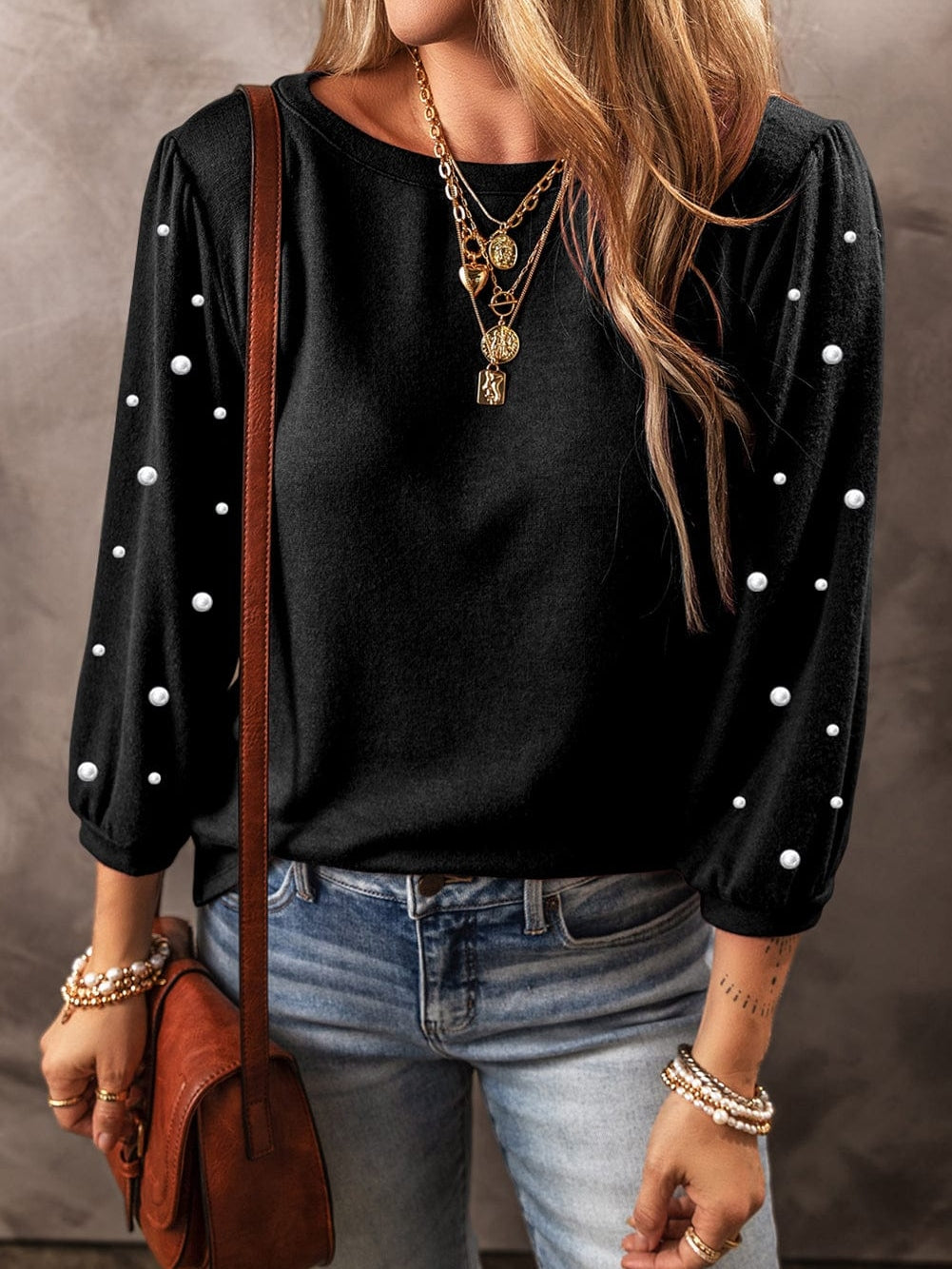 Elegant Black Pearl Embellished Crew Neck Tee
