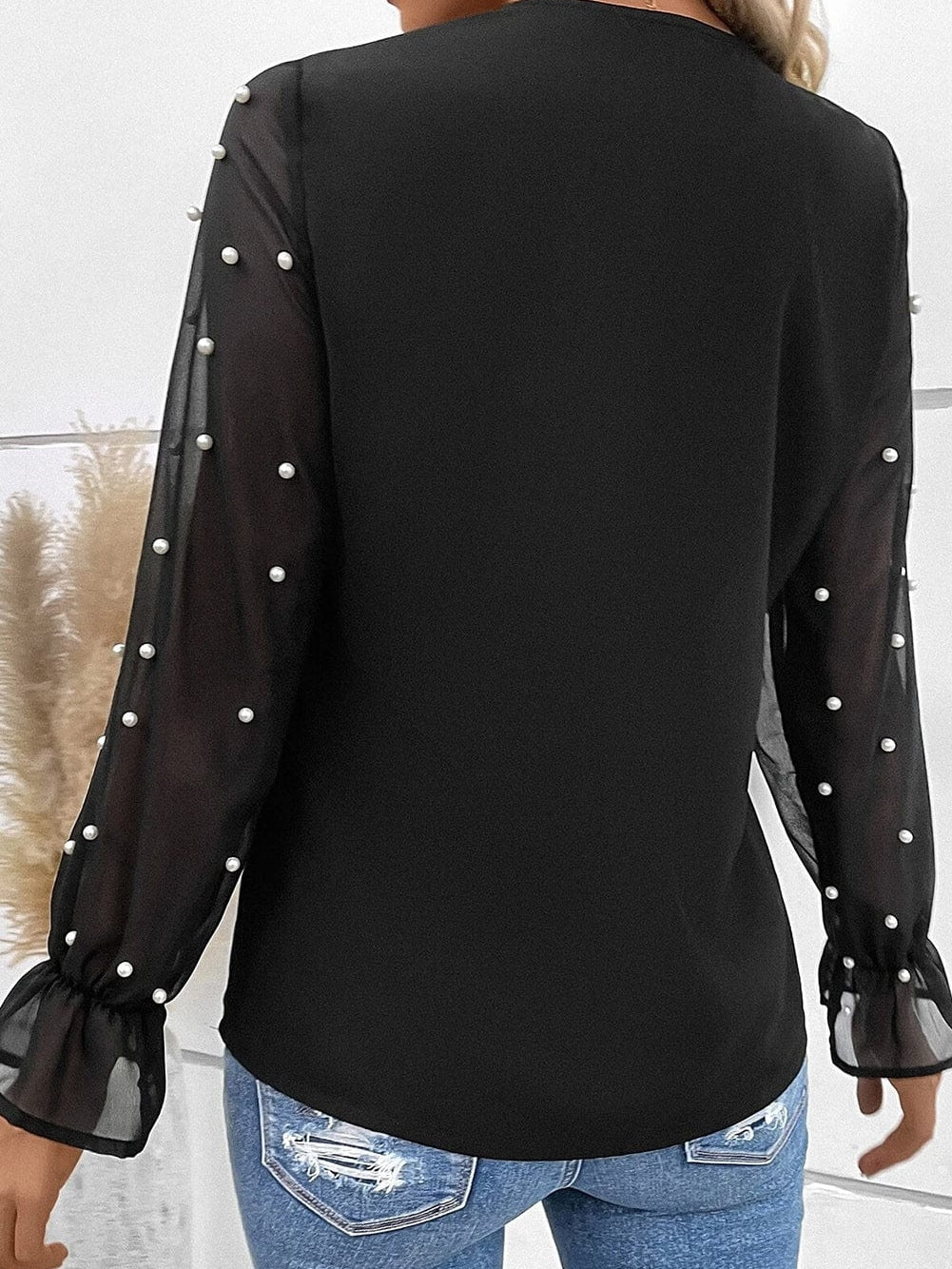 Elegant Black Pearl Mesh Ruffle Sleeve Blouse