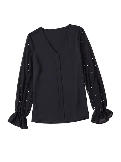 Elegant Black Pearl Mesh Ruffle Sleeve Blouse