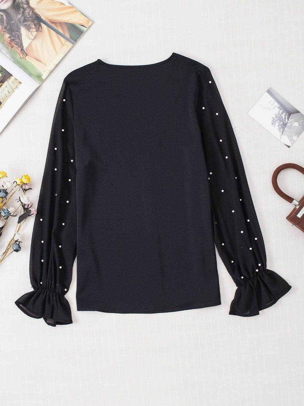Elegant Black Pearl Mesh Ruffle Sleeve Blouse