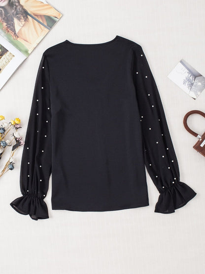 Elegant Black Pearl Mesh Ruffle Sleeve Blouse