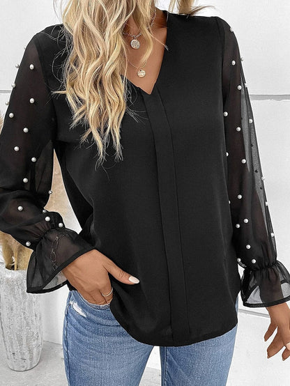 Elegant Black Pearl Mesh Ruffle Sleeve Blouse