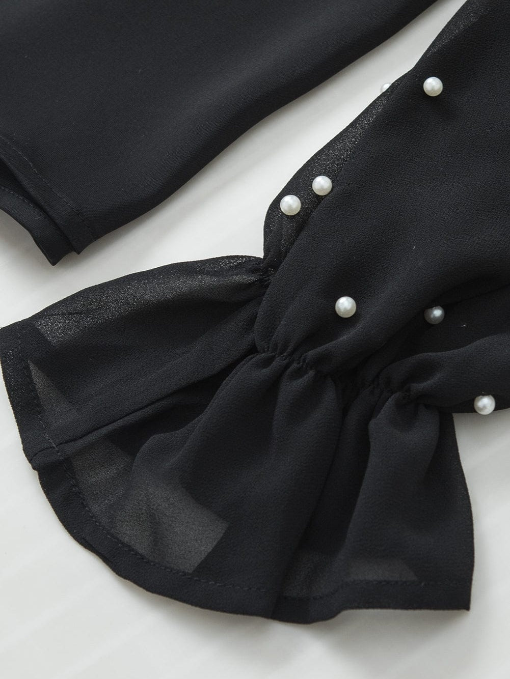 Elegant Black Pearl Mesh Ruffle Sleeve Blouse