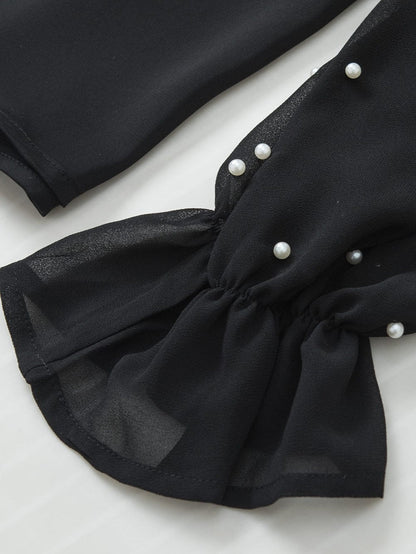 Elegant Black Pearl Mesh Ruffle Sleeve Blouse