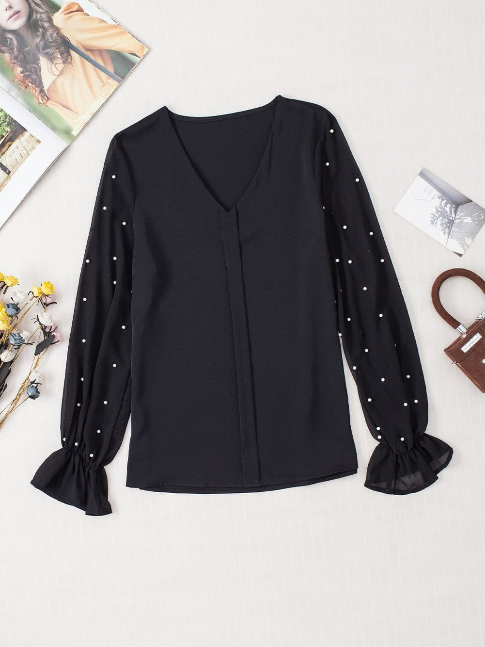 Elegant Black Pearl Mesh Ruffle Sleeve Blouse
