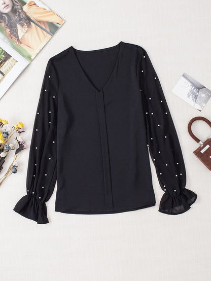 Elegant Black Pearl Mesh Ruffle Sleeve Blouse