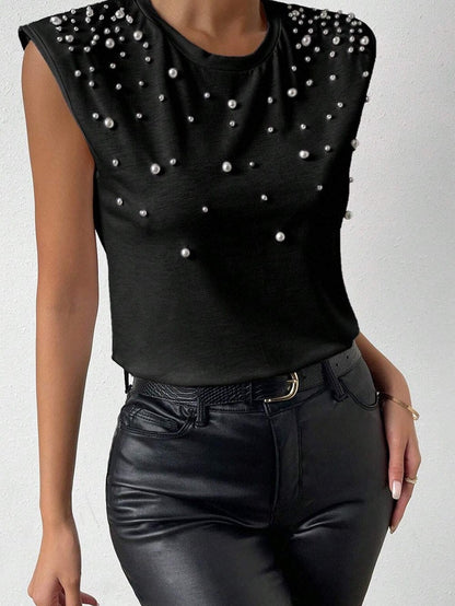 Elegant Black Pearl Shoulder Pad Tank Top