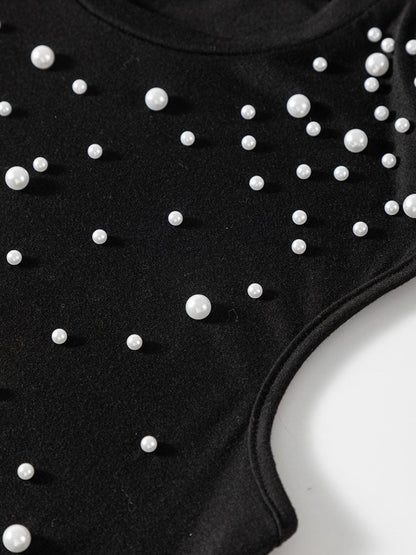 Elegant Black Pearl Shoulder Pad Tank Top