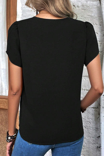 Elegant Black Petal Sleeve V-Neck Top