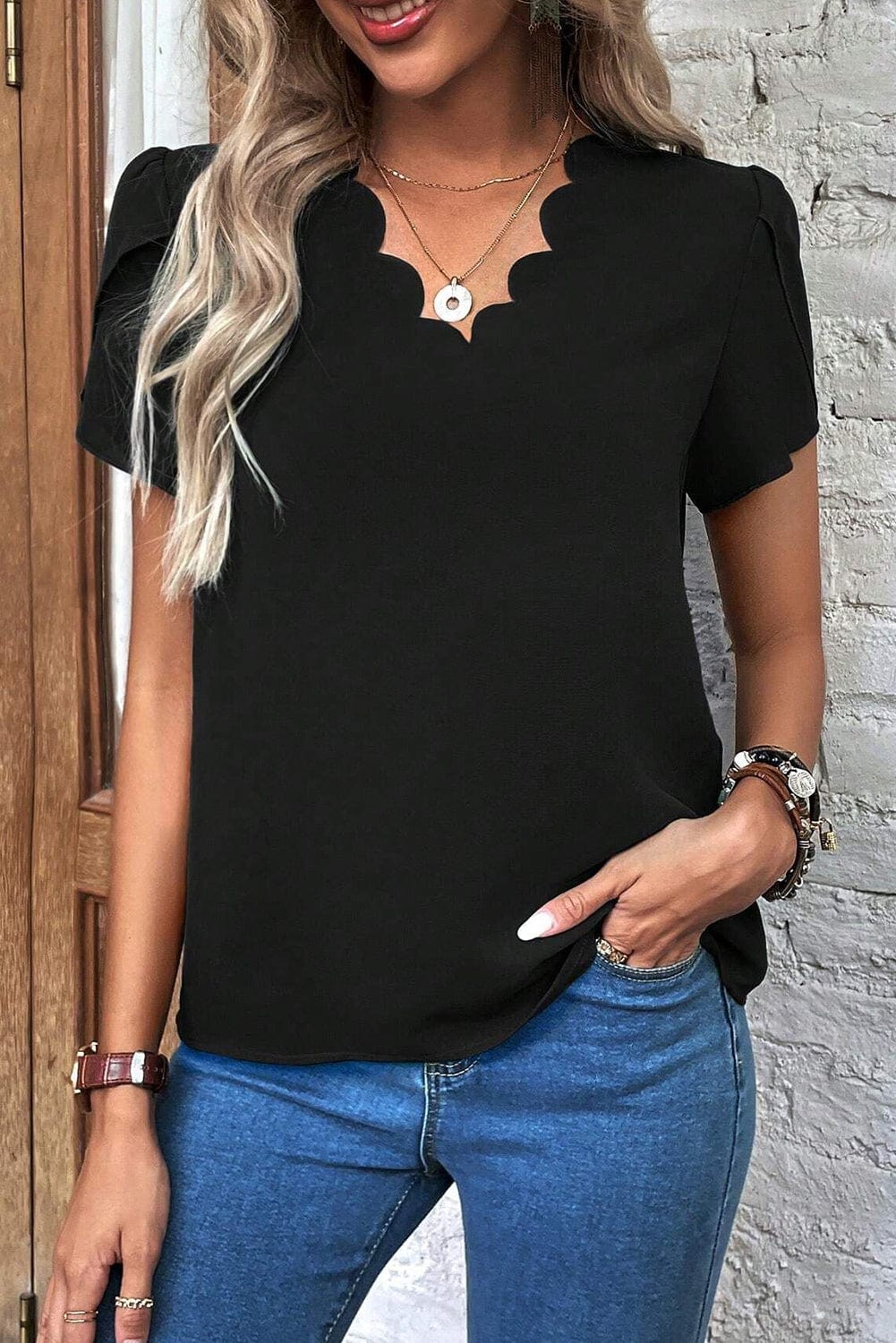 Elegant Black Petal Sleeve V-Neck Top