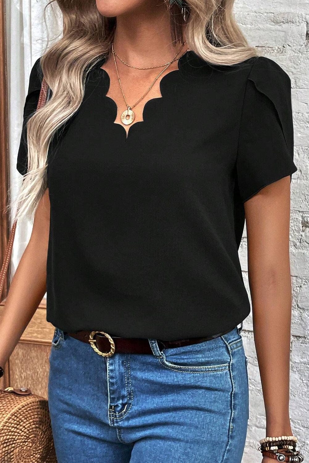 Elegant Black Petal Sleeve V-Neck Top