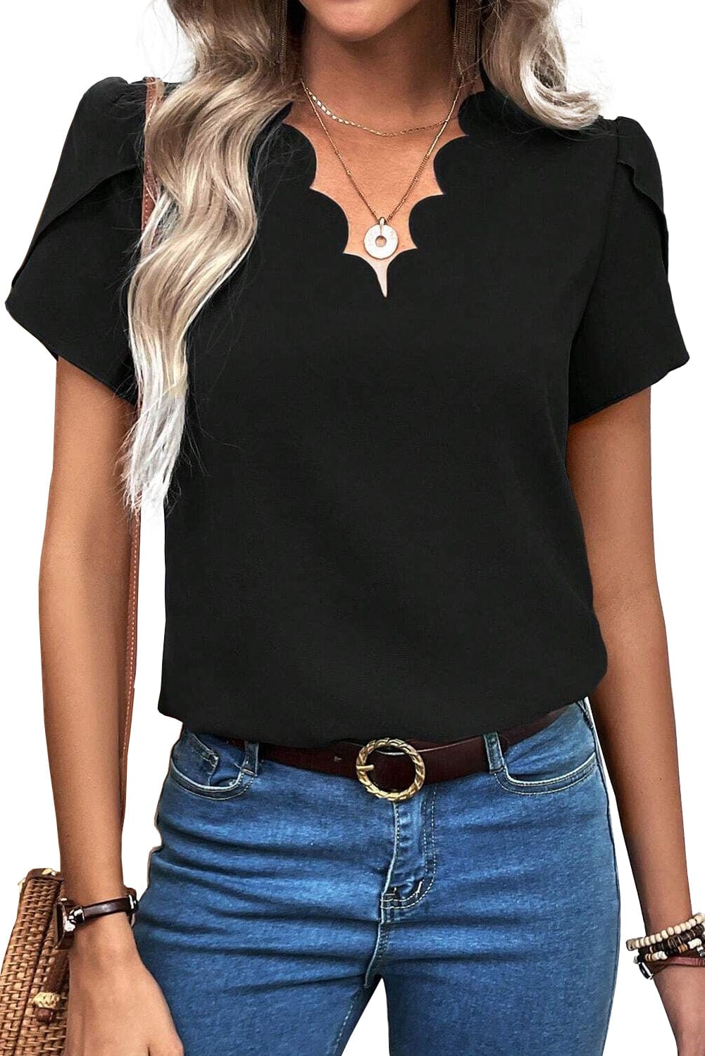 Elegant Black Petal Sleeve V-Neck Top