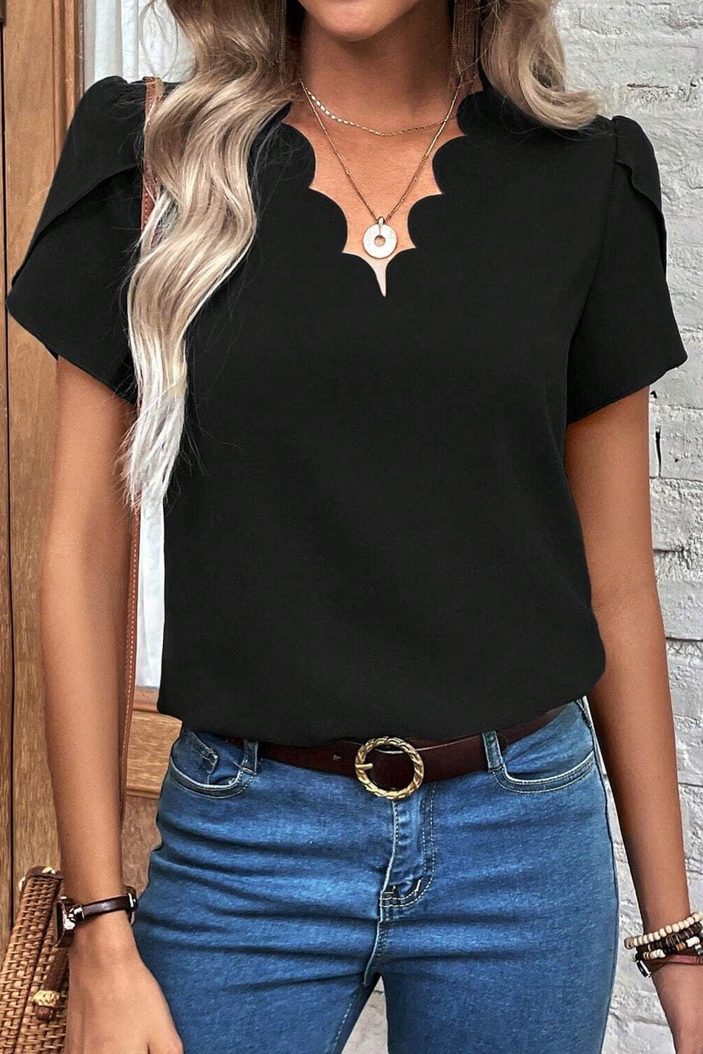 Elegant Black Petal Sleeve V-Neck Top