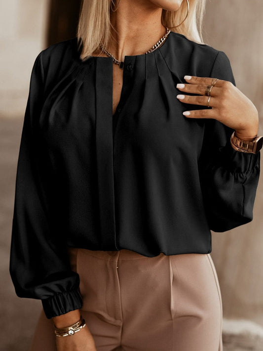 Elegant Black Pleated Collar Stretch Cuff Blouse