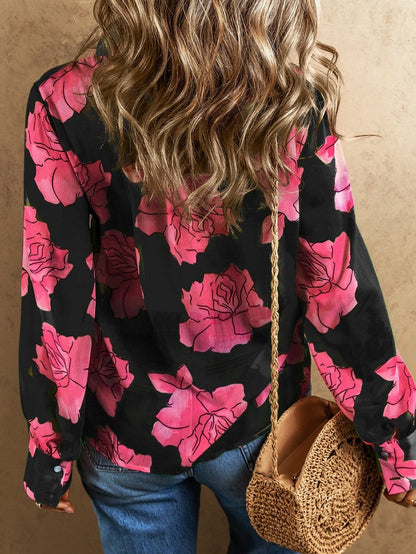 Elegant Black Pleated Floral Shirt with Puff Sleeves
