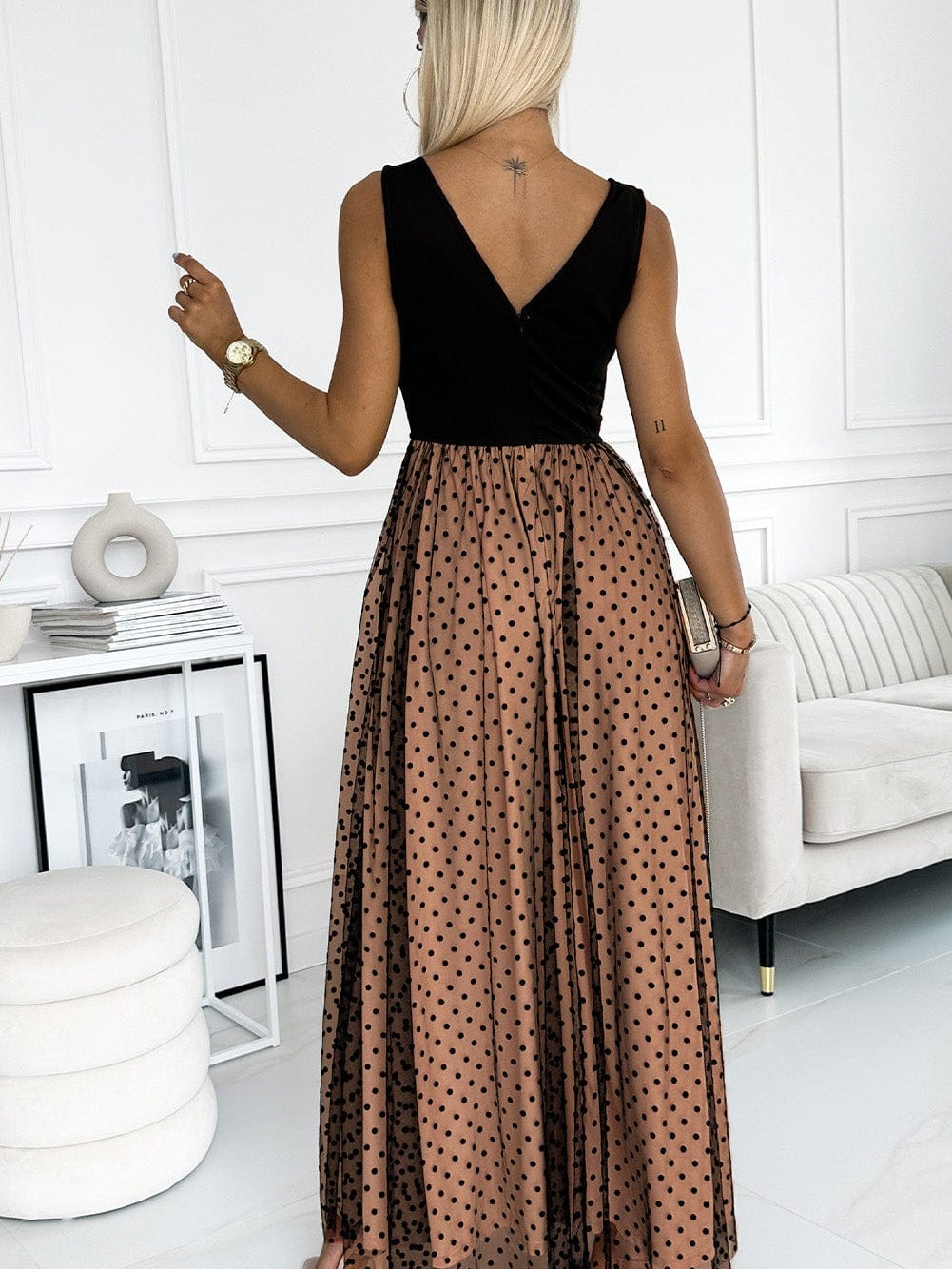Elegant Black Polka Dot Mesh Sheath Maxi Gown