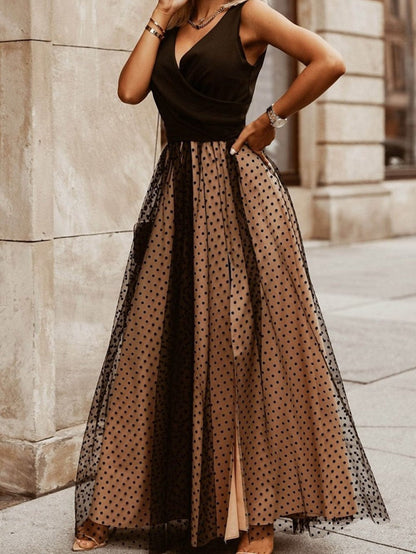 Elegant Black Polka Dot Mesh Sheath Maxi Gown