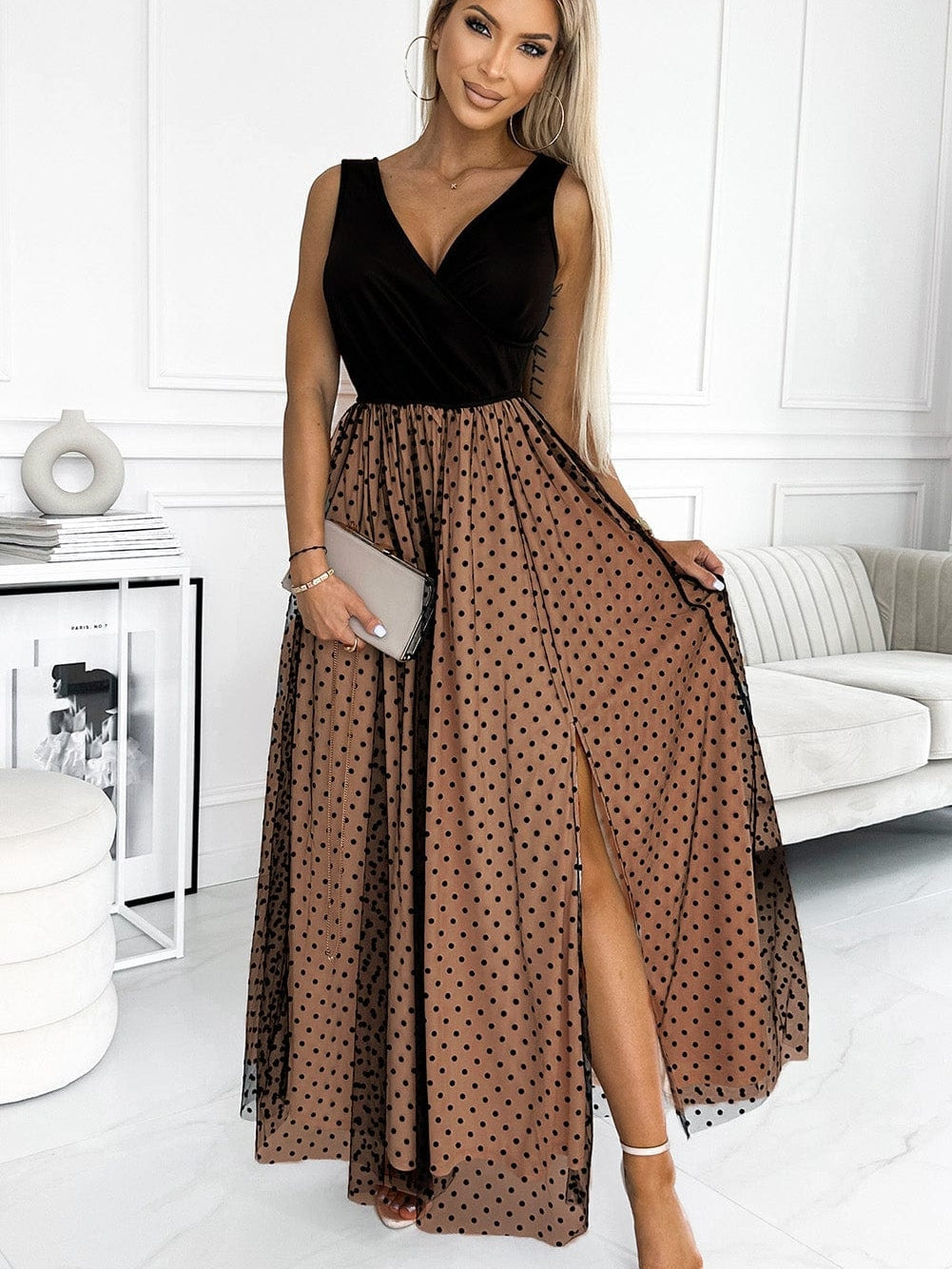 Elegant Black Polka Dot Mesh Sheath Maxi Gown