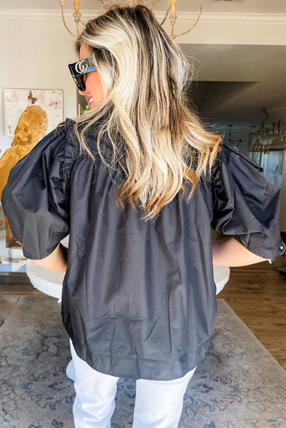 Elegant Black Puff Sleeve Cotton Blouse