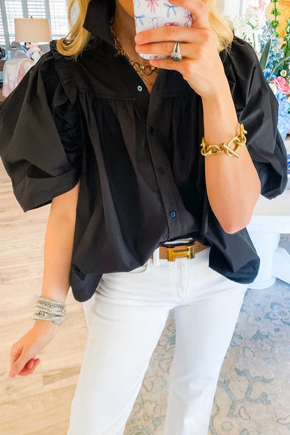 Elegant Black Puff Sleeve Cotton Blouse