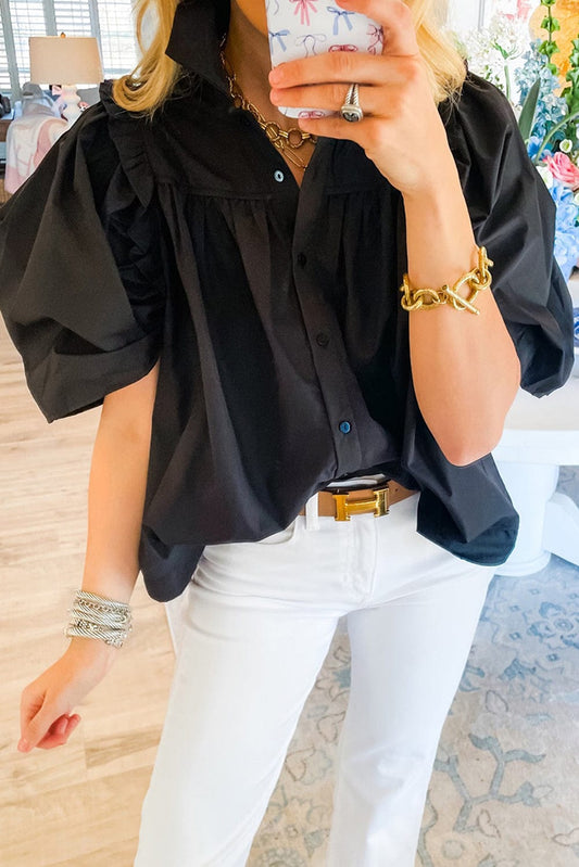 Elegant Black Puff Sleeve Cotton Blouse