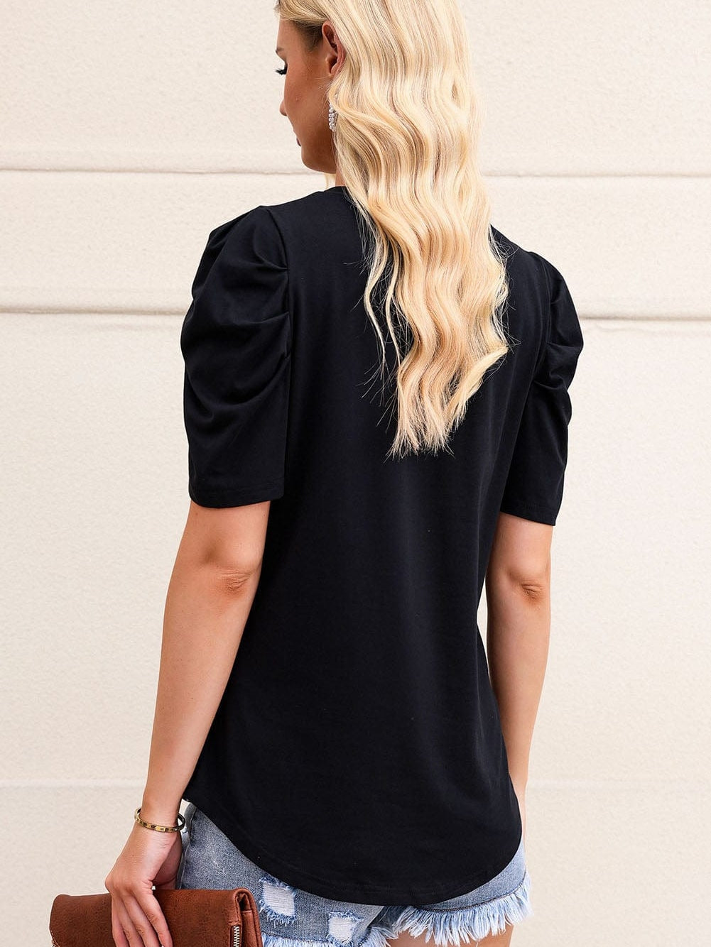 Elegant Black Puff Sleeve V-Neck Top