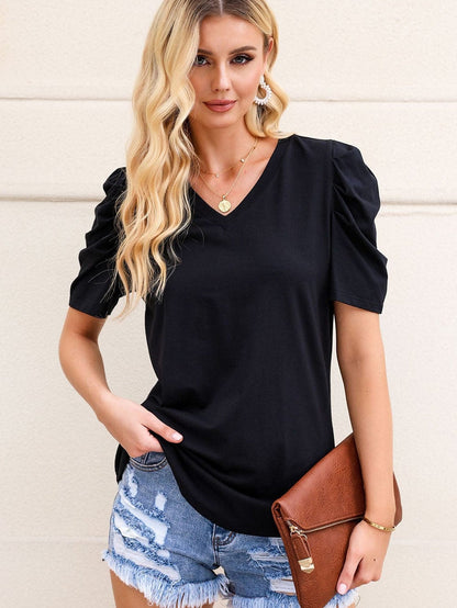 Elegant Black Puff Sleeve V-Neck Top