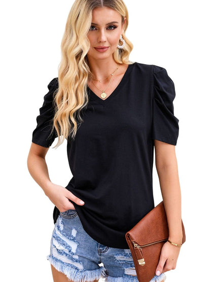 Elegant Black Puff Sleeve V-Neck Top