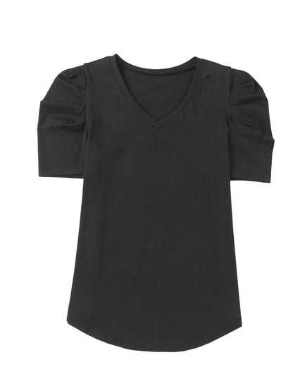 Elegant Black Puff Sleeve V-Neck Top