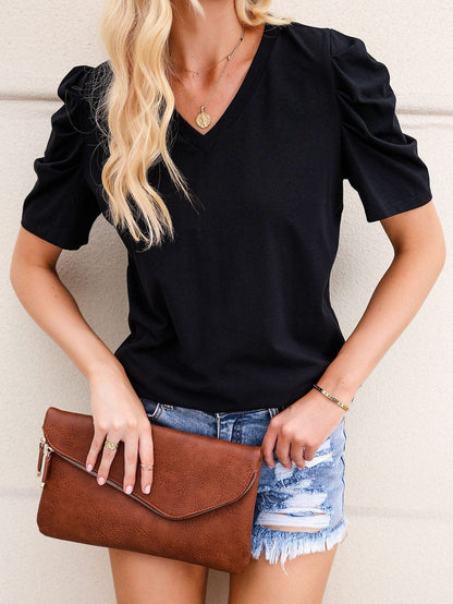 Elegant Black Puff Sleeve V-Neck Top