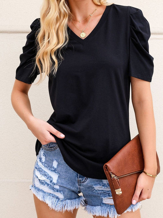 Elegant Black Puff Sleeve V-Neck Top