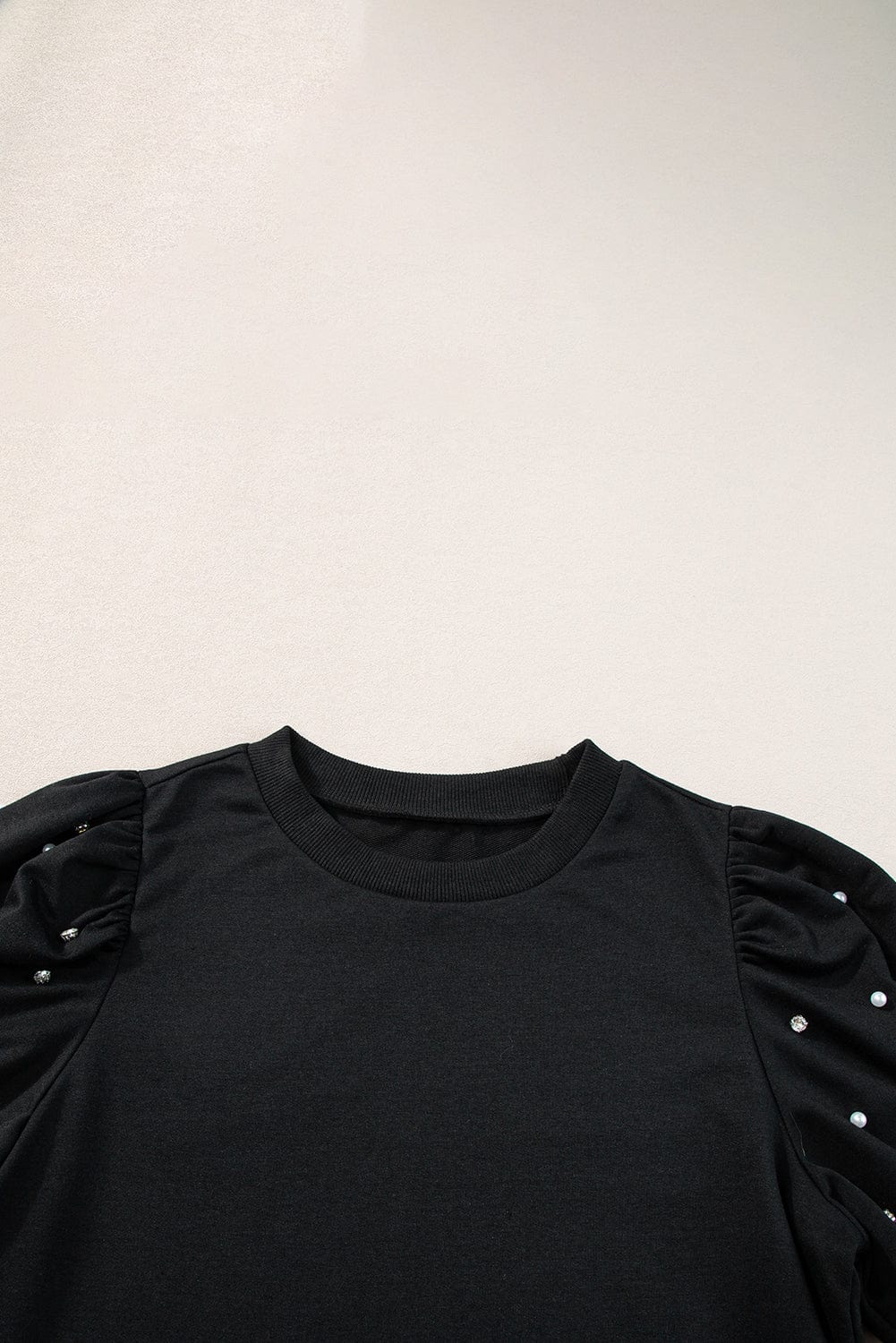 Elegant Black Rhinestone Pearl Embellished Puff Sleeve Blouse