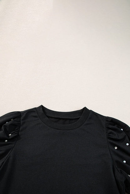 Elegant Black Rhinestone Pearl Embellished Puff Sleeve Blouse