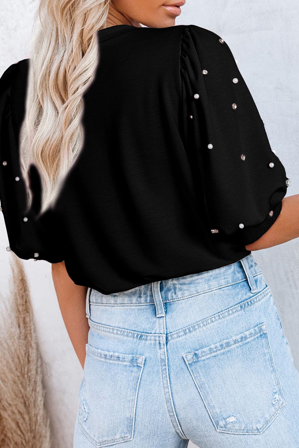 Elegant Black Rhinestone Pearl Embellished Puff Sleeve Blouse
