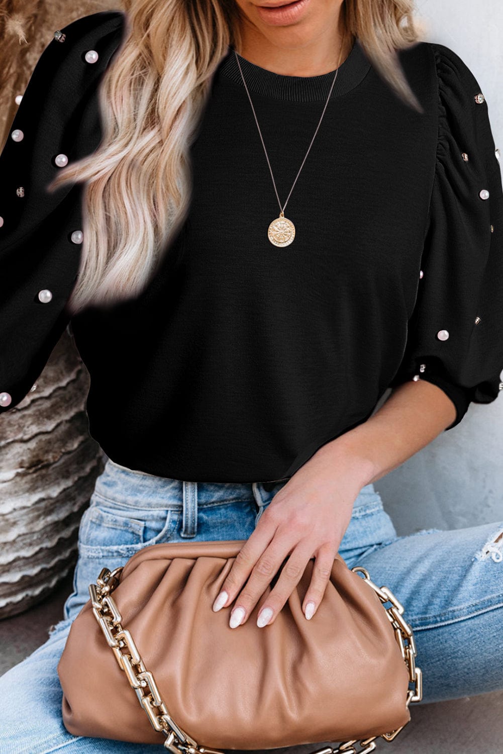 Elegant Black Rhinestone Pearl Embellished Puff Sleeve Blouse