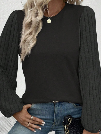 Elegant Black Ribbed Bishop Sleeve Knit Top