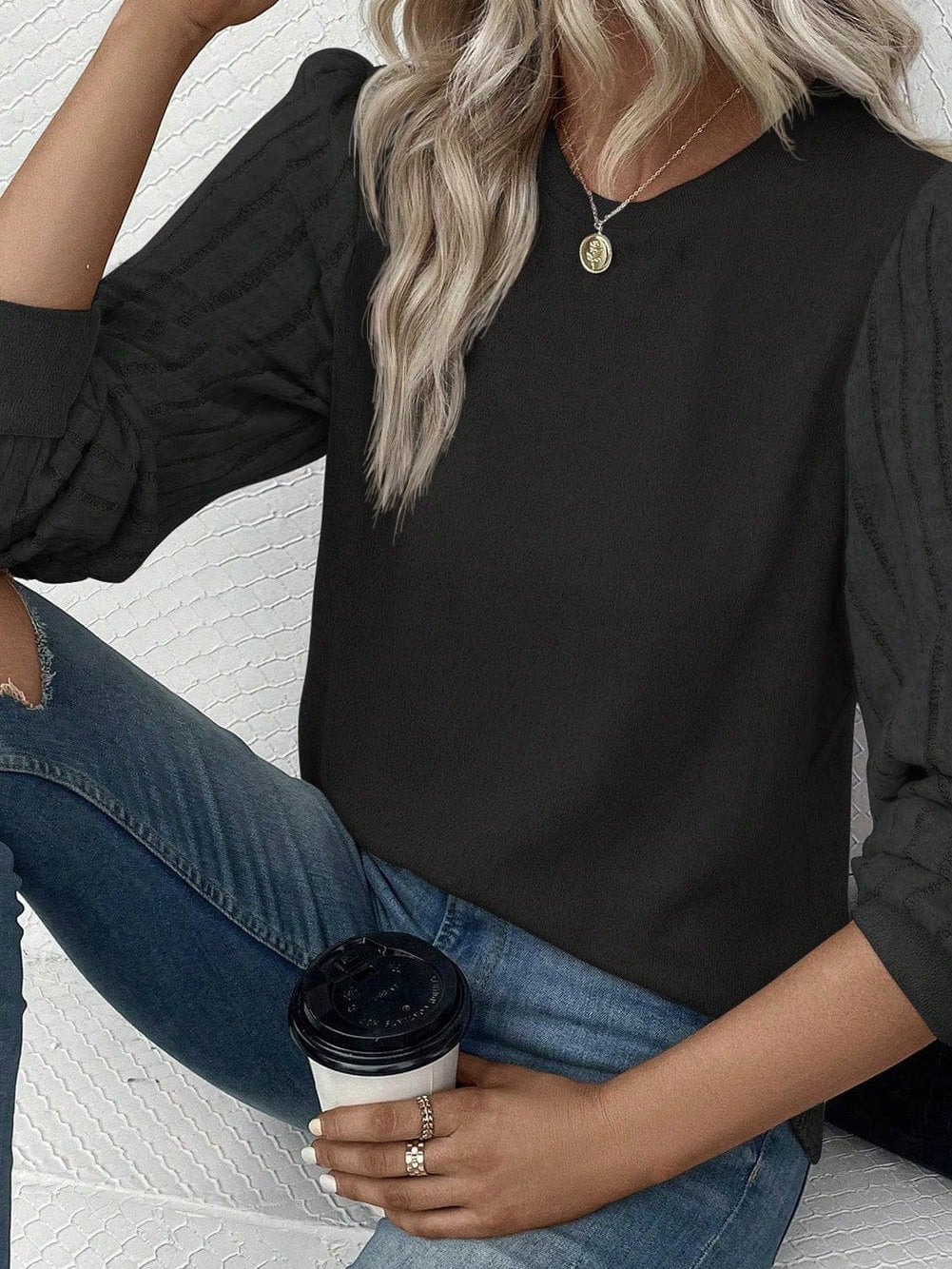 Elegant Black Ribbed Bishop Sleeve Knit Top