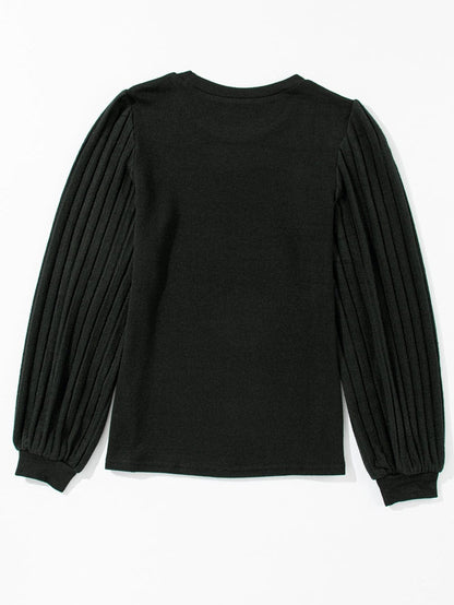 Elegant Black Ribbed Bishop Sleeve Knit Top