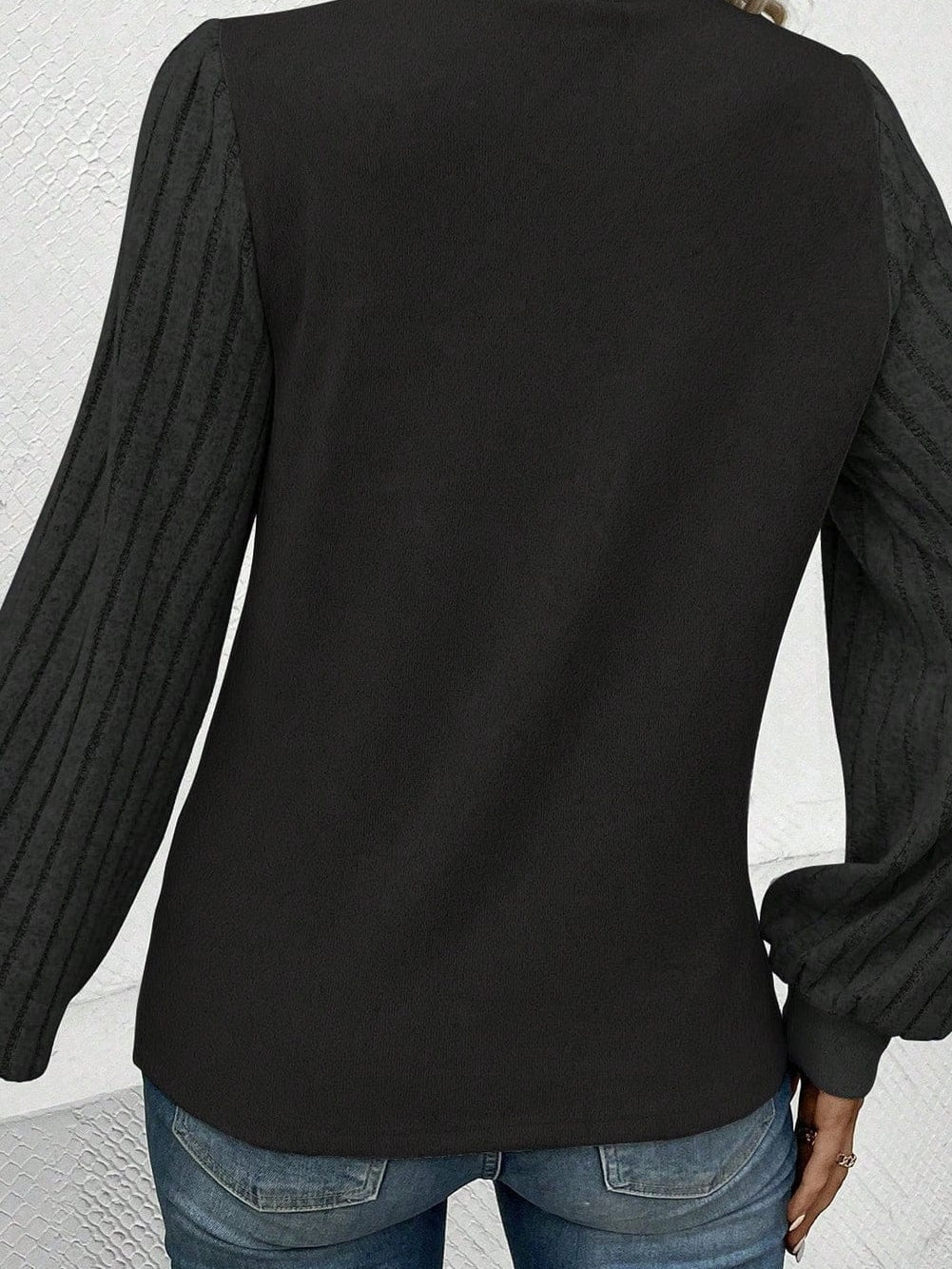 Elegant Black Ribbed Bishop Sleeve Knit Top