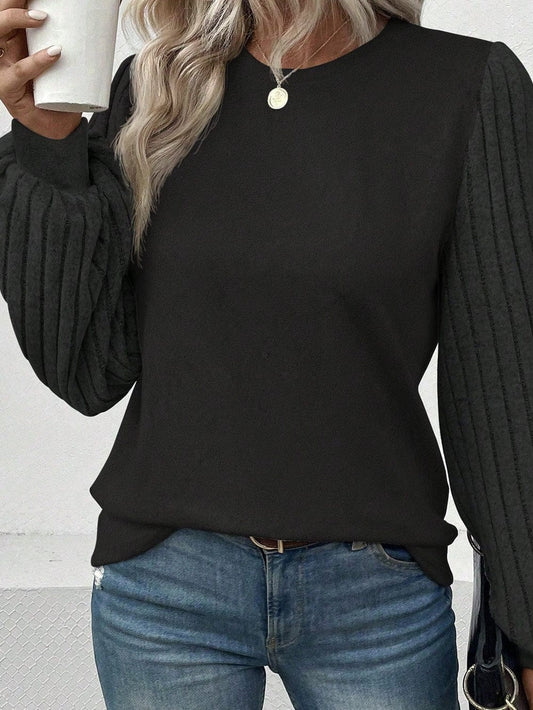 Elegant Black Ribbed Bishop Sleeve Knit Top