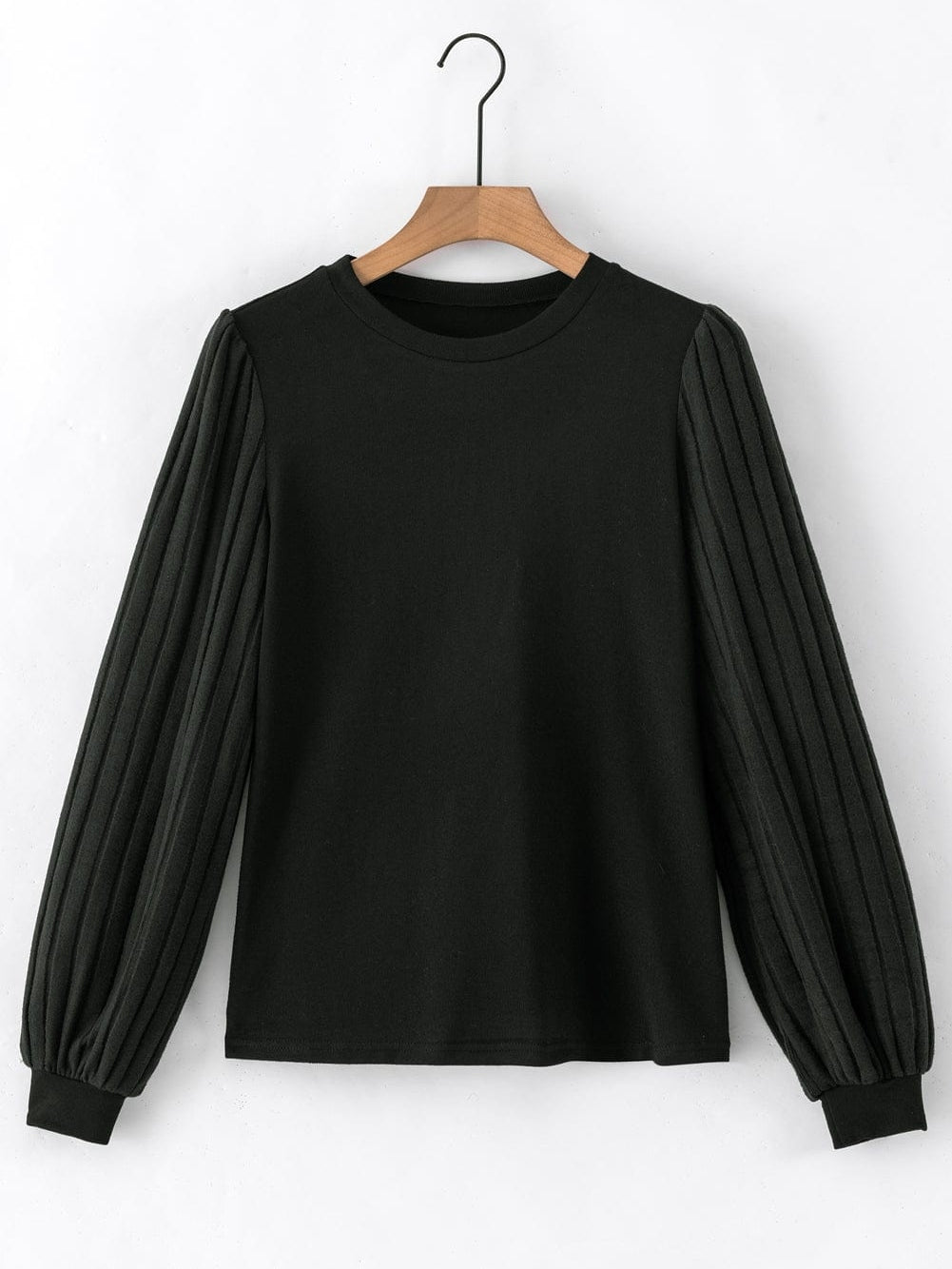 Elegant Black Ribbed Bishop Sleeve Knit Top