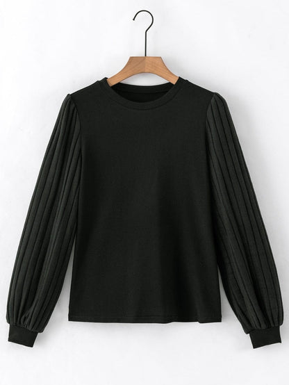 Elegant Black Ribbed Bishop Sleeve Knit Top