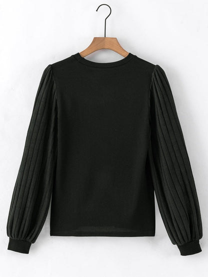 Elegant Black Ribbed Bishop Sleeve Knit Top