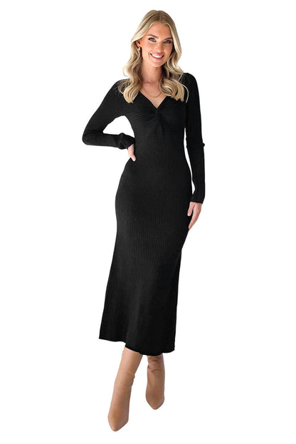 Elegant Black Ribbed Knit Sweater Dress with Twisted V-Neck