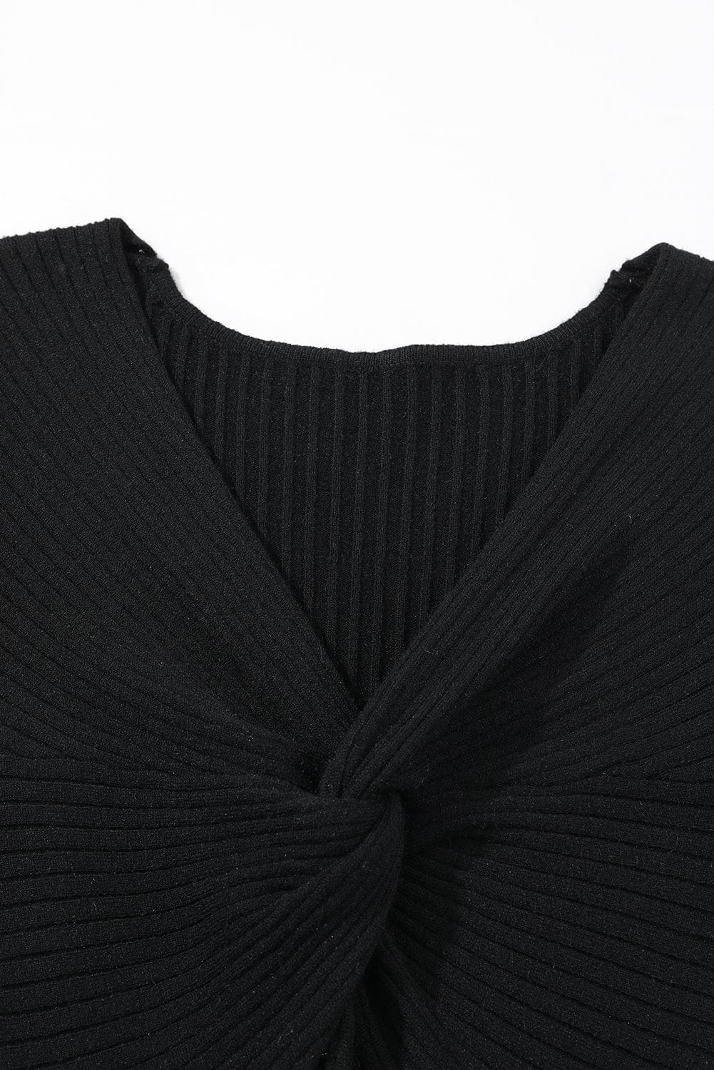 Elegant Black Ribbed Knit Sweater Dress with Twisted V-Neck