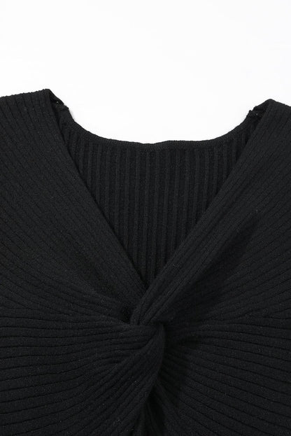 Elegant Black Ribbed Knit Sweater Dress with Twisted V-Neck