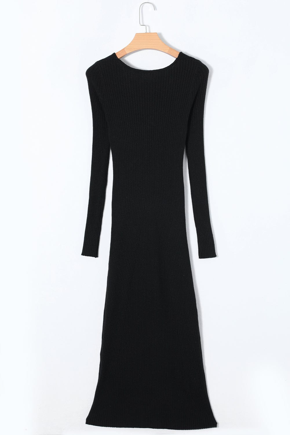 Elegant Black Ribbed Knit Sweater Dress with Twisted V-Neck